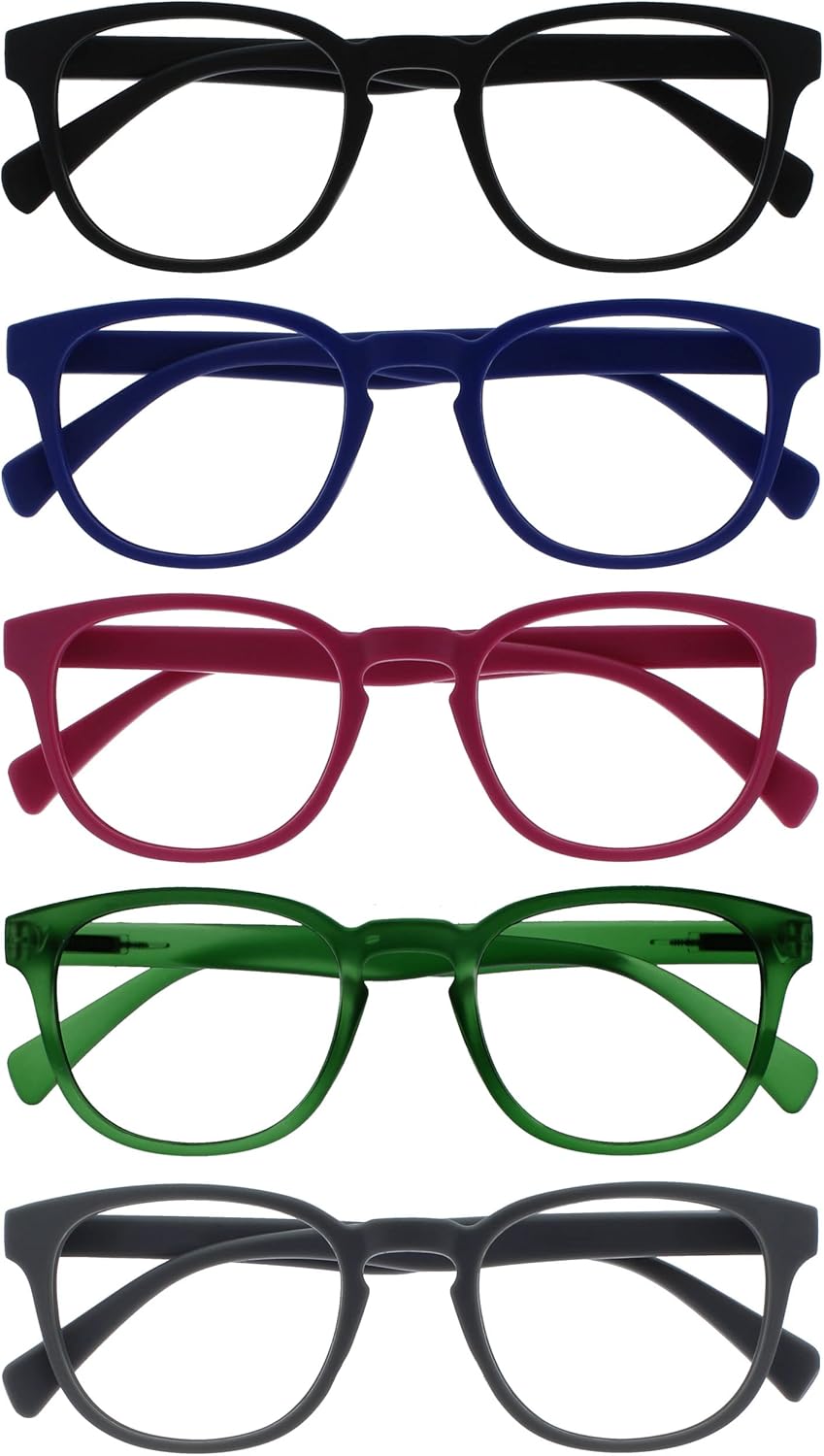 OPULIZE POP Reading Glasses for Women Men,Scratch Resistant Round Matt Frame with Spring Hinges, Matt Black, Black, Blue, Pink, Green, Grey +2.00 (Pack of 5)