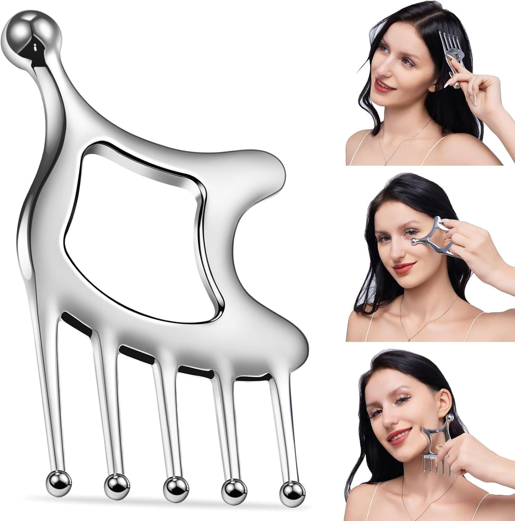 Gua Sha Tool with Handle,5in1 Scalp Massage Tool for Head&Face&Body, Protable Scalp Comb Guasha for Deep Relaxation and Relieving Pain, Acupressure and Trigger Point Tool for SPA