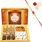 Ghasitaram Gifts Rakhi Gifts for Brothers Rakhi Sweets - Big Box of 12 Pcs Assorted Bites, Kaju Katli and Methi Mathi with Pearl Beads Rakhi