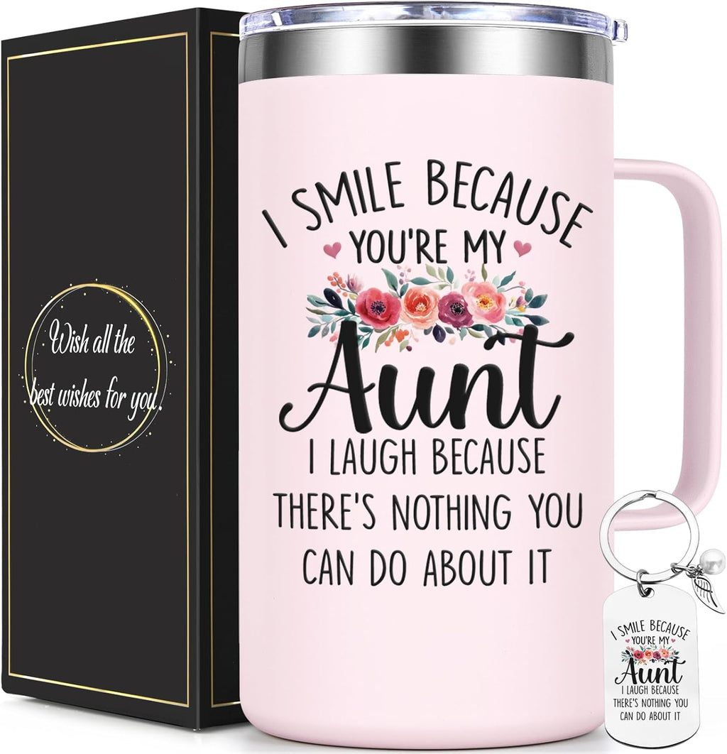 Lifecapido Aunt Gifts, I Smile Because You’re My Aunt 20oz Insulated Coffee Mug with Keychain, Birthday Christmas Mothers Day Gifts for Aunts, Rose Quartz
