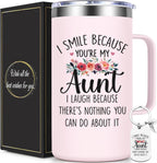 Lifecapido Aunt Gifts, I Smile Because You’re My Aunt 20oz Insulated Coffee Mug with Keychain, Birthday Christmas Mothers Day Gifts for Aunts, Rose Quartz