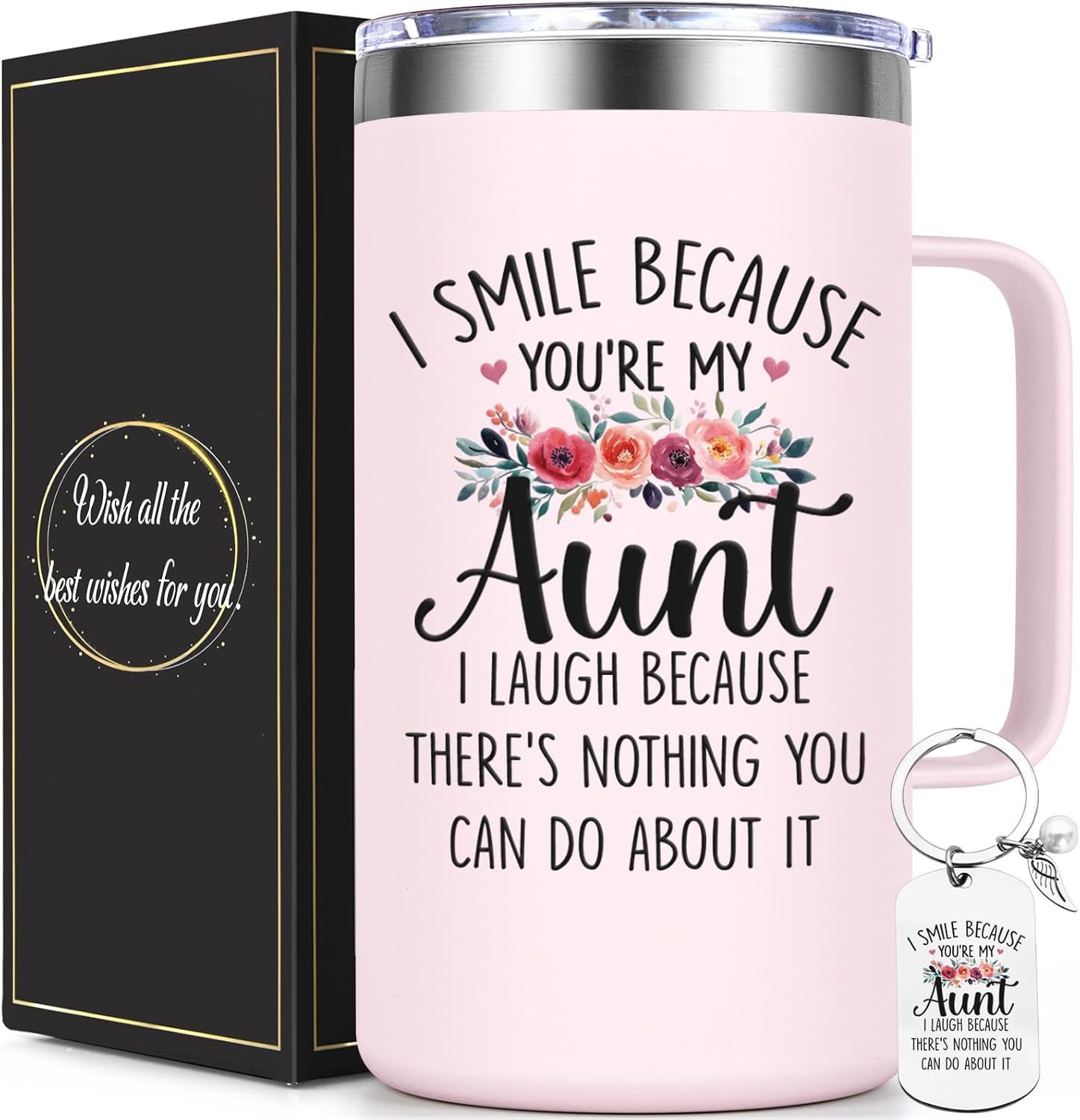 Lifecapido Aunt Gifts, I Smile Because You’re My Aunt 20oz Insulated Coffee Mug with Keychain, Birthday Christmas Mothers Day Gifts for Aunts, Rose Quartz