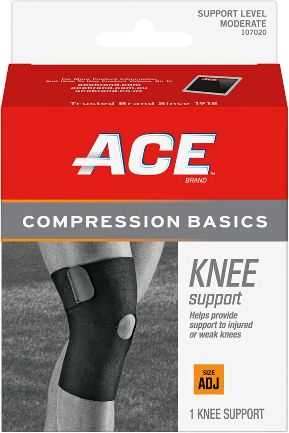 ACE Sport Basics Adjustable Knee Support 107020 – Moderate Compression Brace for Injury Recovery and Prevention, Fits Left or Right Knee