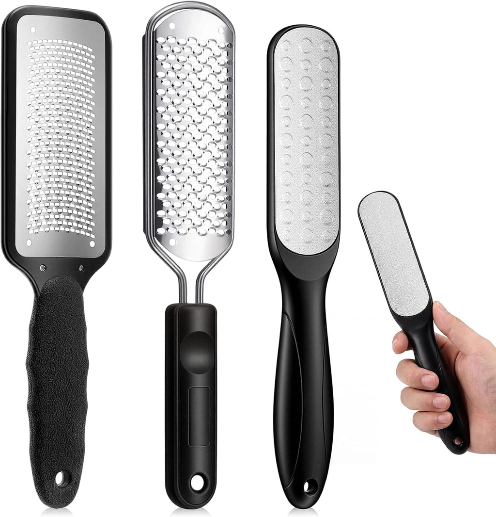 Moxweyeni 3 Pcs Professional Foot File Kit with 304 Stainless Steel Heads, Callus Remover for Feet, Pedicure Foot Scrubber and Shaver for Dead, Dry, Hardened Skin, Home Pedicure (Set A,Black)