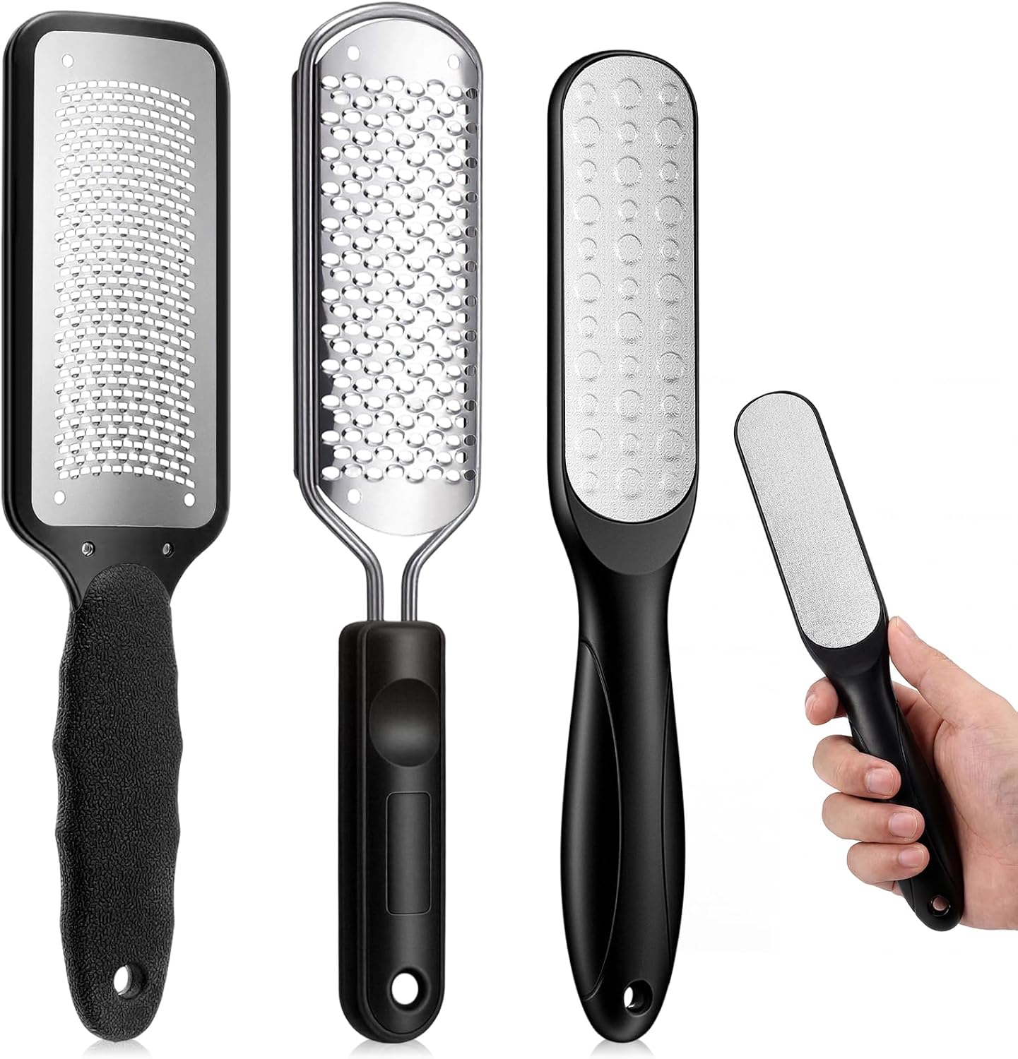 Moxweyeni 3 Pcs Professional Foot File Kit with 304 Stainless Steel Heads, Callus Remover for Feet, Pedicure Foot Scrubber and Shaver for Dead, Dry, Hardened Skin, Home Pedicure (Set A,Black)