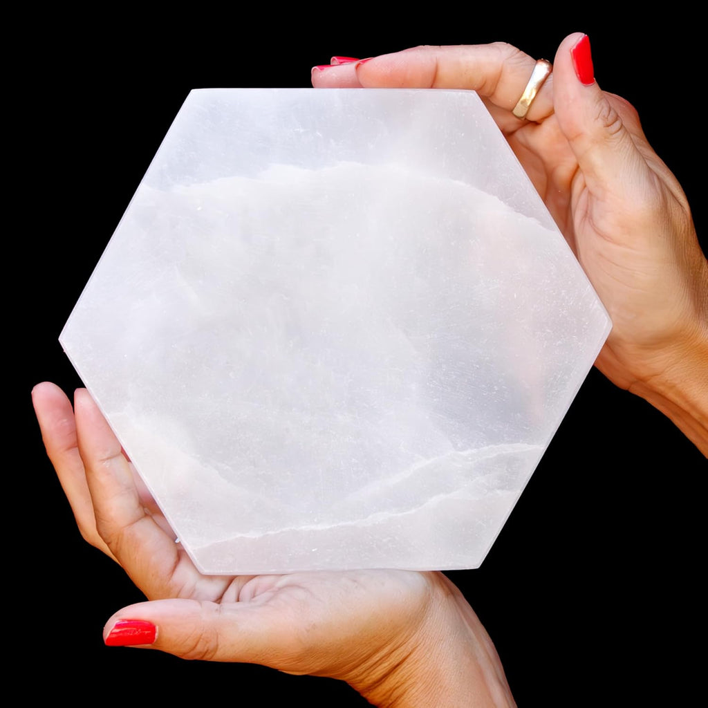 Om Zone Selenite Charging Plate for Cleansing Crystals & Healing Stones, Meditation, Reiki, Protection Crystals, Spiritual Gift (1, 6" Hexagon)