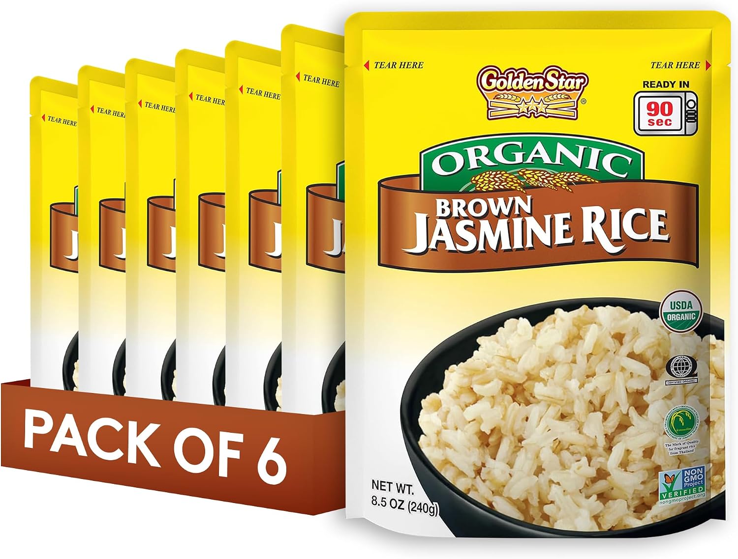Golden Star Organic Thai Hom Mali Brown Jasmine Rice - Microwaveable Rice - (6 Pack) 8.5 oz Pouch
