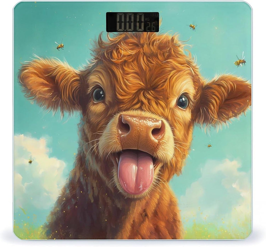 Cute Cow with Tongue Bees Digital Bathroom Scale for Body Weight Lighted LCD Display Round Corner