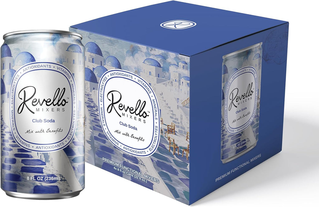 Revello Mixers Club Soda - Mixer Infused with Electrolytes, Antioxidants, Vitamins & Minerals - Low Sugar & Calories - Premium Beverage for Crafted Cocktails & Mocktails - 8 fl oz (Pack of 4)