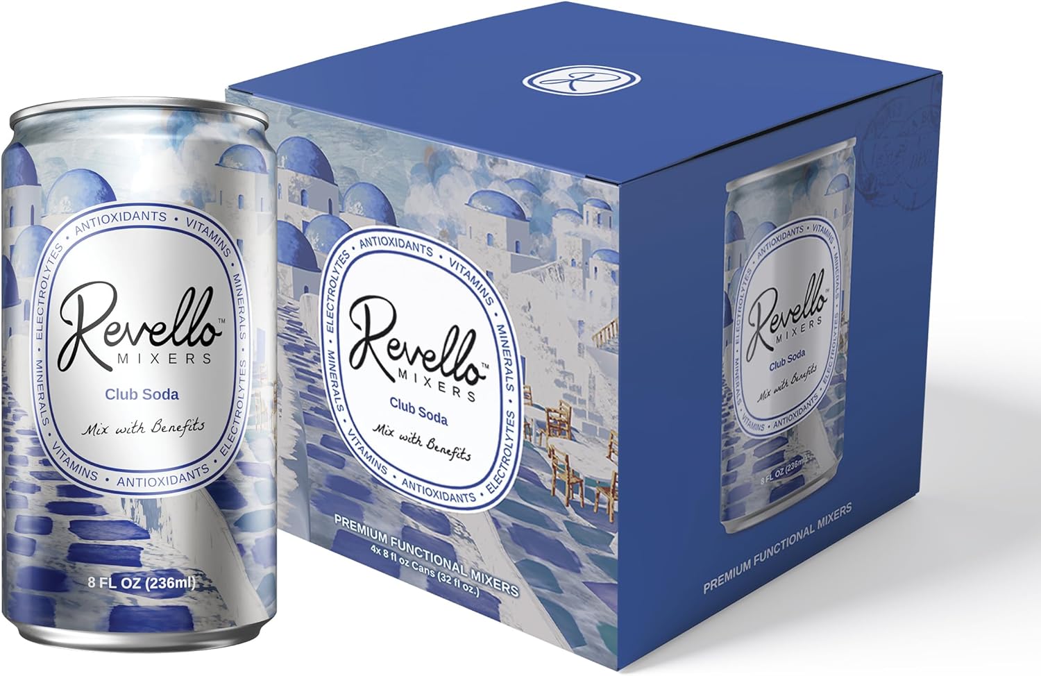 Revello Mixers Club Soda - Mixer Infused with Electrolytes, Antioxidants, Vitamins & Minerals - Low Sugar & Calories - Premium Beverage for Crafted Cocktails & Mocktails - 8 fl oz (Pack of 4)