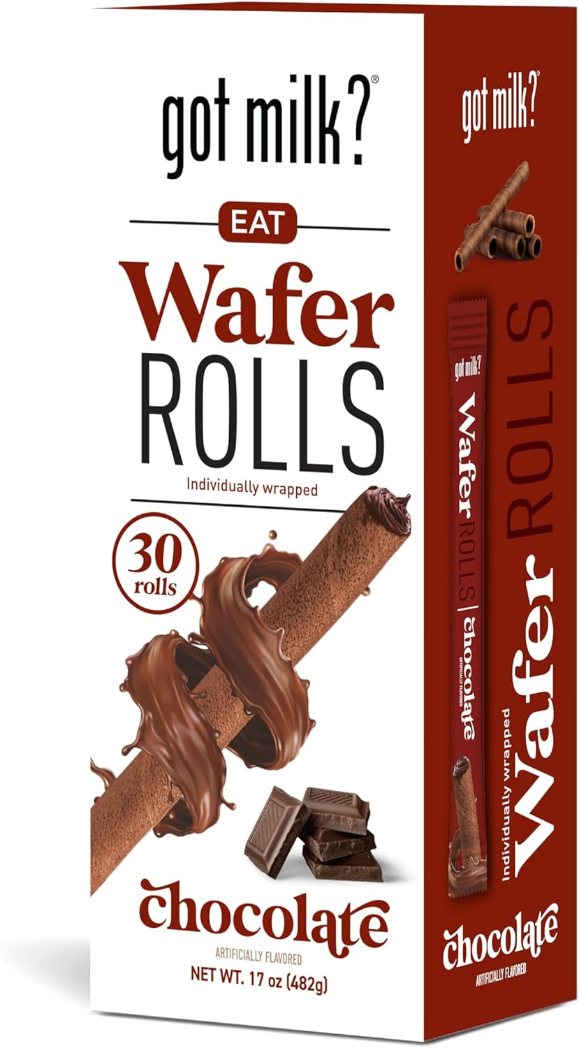 got milk? Wafer Rolls, Chocolate, 17-ounce Box with 30 Rolls, Individually Wrapped Rolled Wafer Spirals with Filling, Chocolate Wafer Cookies for Dessert or Snack, Retail Pack