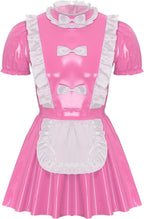 Jugaoge Mens French Maid Role Play Costumes Puff Sleeve Outfit Solid Latex Flared Dress with Apron