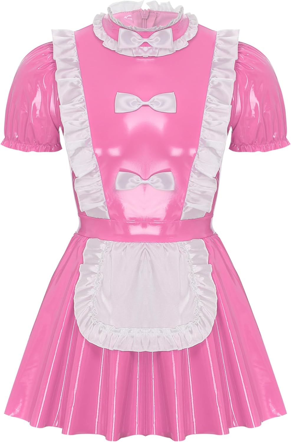 Jugaoge Mens French Maid Role Play Costumes Puff Sleeve Outfit Solid Latex Flared Dress with Apron