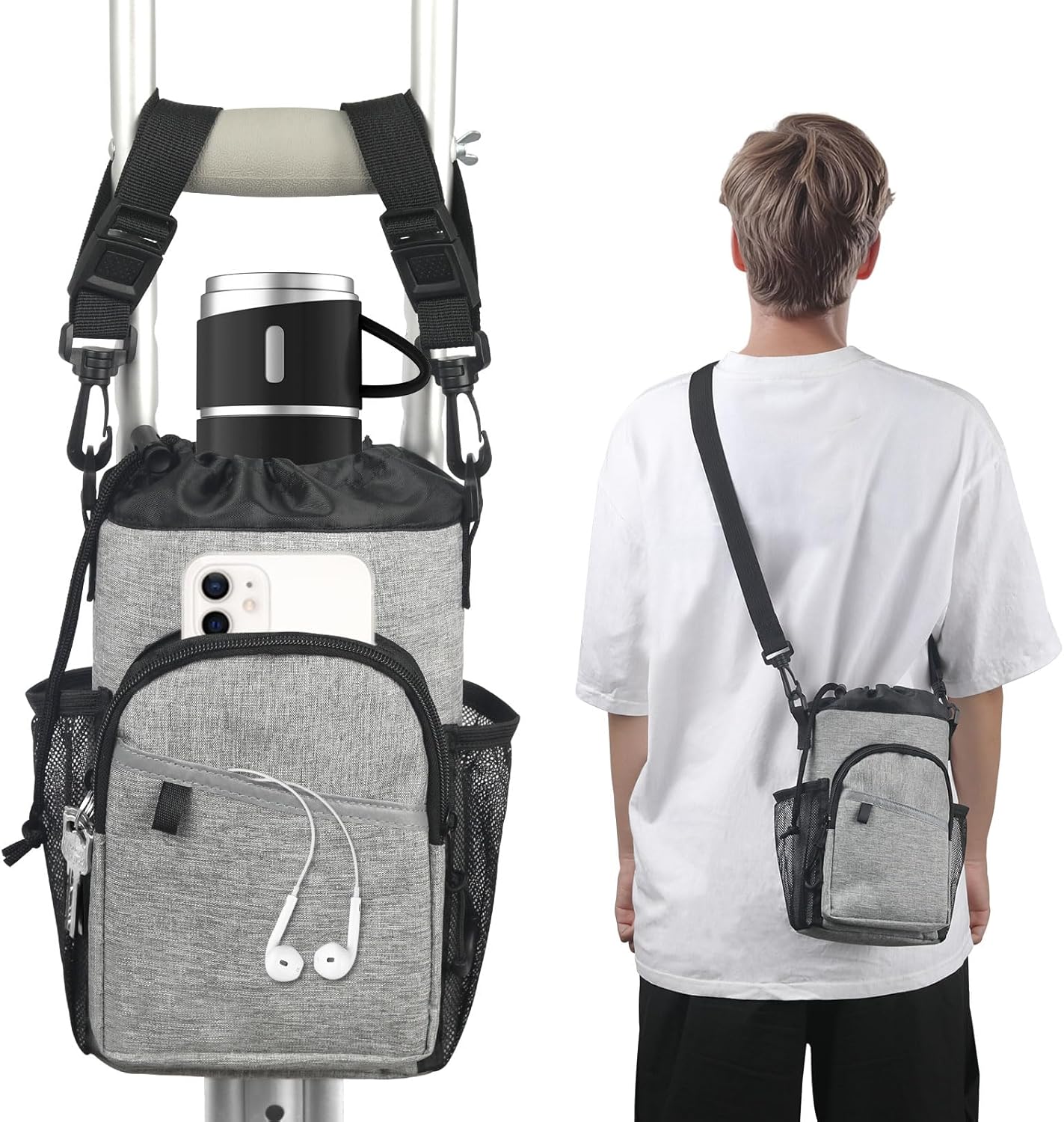 Crutch Accessories Bag Pouch with Detachable Shoulder Strap, Water-Resistant Dual-Purpose Zipper Pouch for Crutches, Lightweight Crutches Pouch Storage Tote for Adults Men, Women