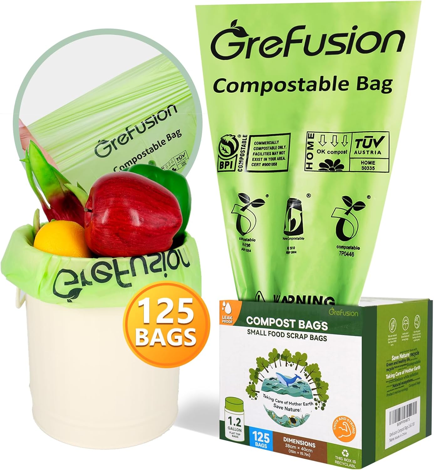 (Include 100+25 Bonus Bags) GreFusion Compostable Bags 1.2-1.6 Gallon,Fits 0.75,1,1.2,1.3,1.8 Gallon Countertop Bin,Certified by BPI,ASTM D6400 and OK Compost,125Count (100 + 25 Extra)