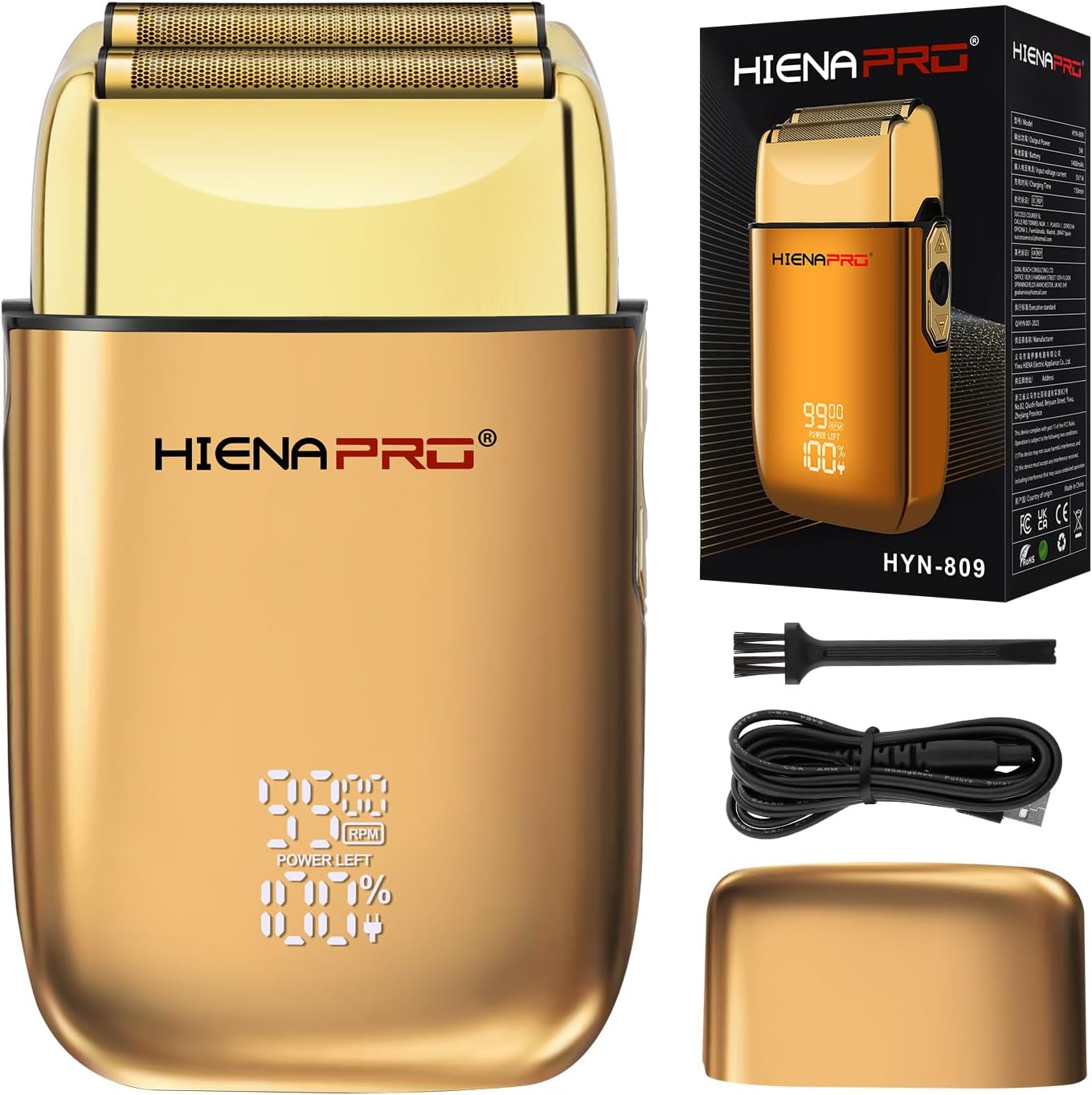 HIENA PRO Foil Shaver for Men Barber, Double Electric Foil Trimmer, Professional Electric Razor, Close Shaver, Cordless Rechargeable with USB, Detachable Design, LED Display, Gold