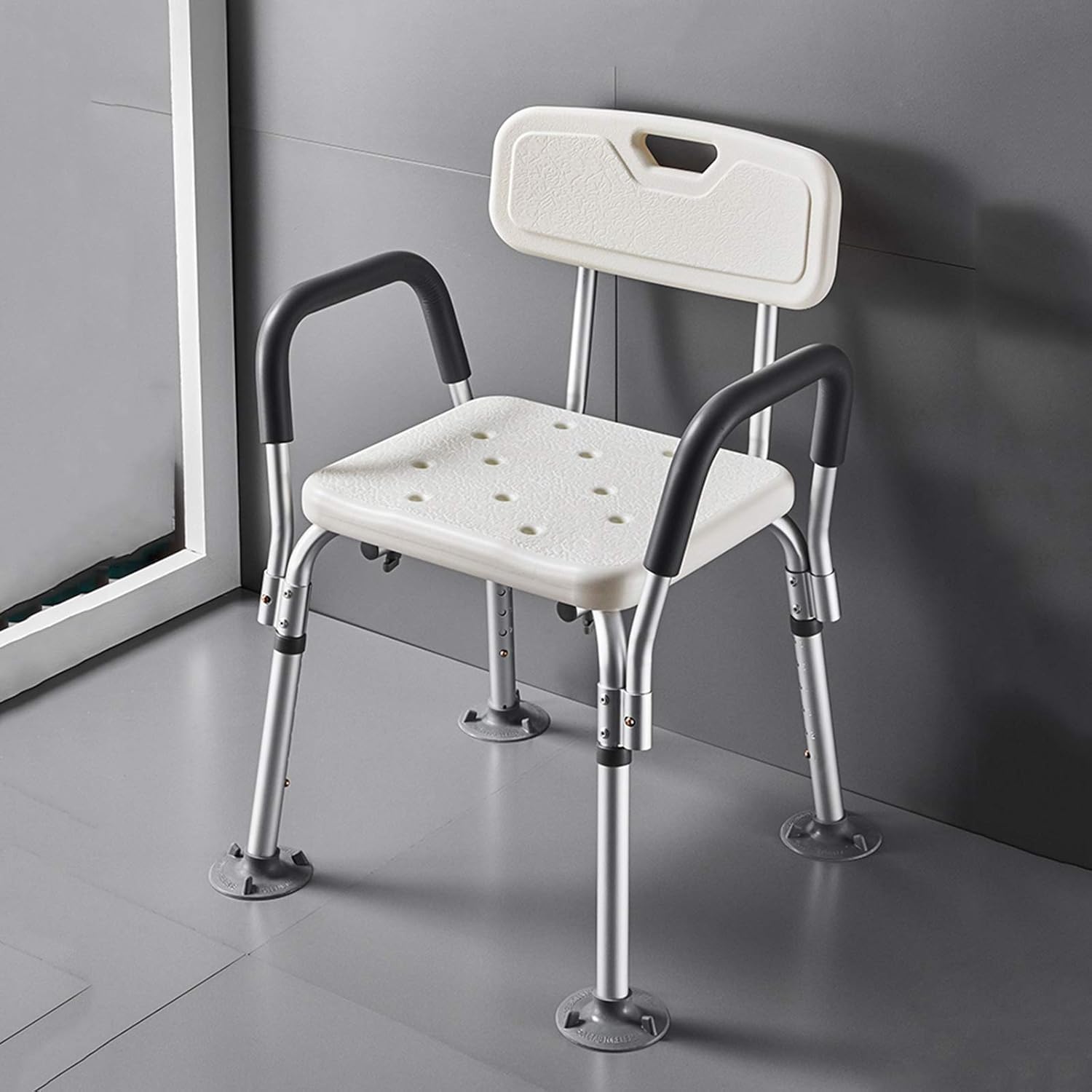 Shower Chair for Elderly Heavy Duty Height Adjustable Shower Seat with Arms and Back Shower Assist Seniors and Disabled, Bathroom Shower Stool Load Weight 150KG Non-Slip Safety,WHI
