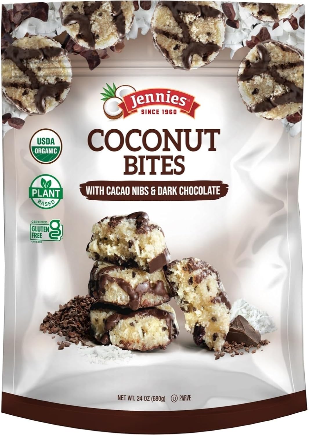 Jennies USDA Organic Coconut, Cacao Nibs and Dark Chocolate Bites, Raw, Plant-Based, Vegan, Certified Gluten Free, Non-GMO, Sulfite Free, OU Kosher, Individually Wrapped, (Cacao, 24 Ounce)