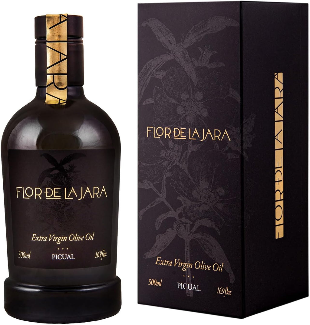 FLOR DE LA JARA Premium Extra Virgin Olive Oil from Spain, First Cold Pressed, Polyphenol-Rich, Monovarietal Picual, Hand-Harvested Olives, Family-Owned Grove, Low acidity (0,1%), 16.9 fl oz (500ml)