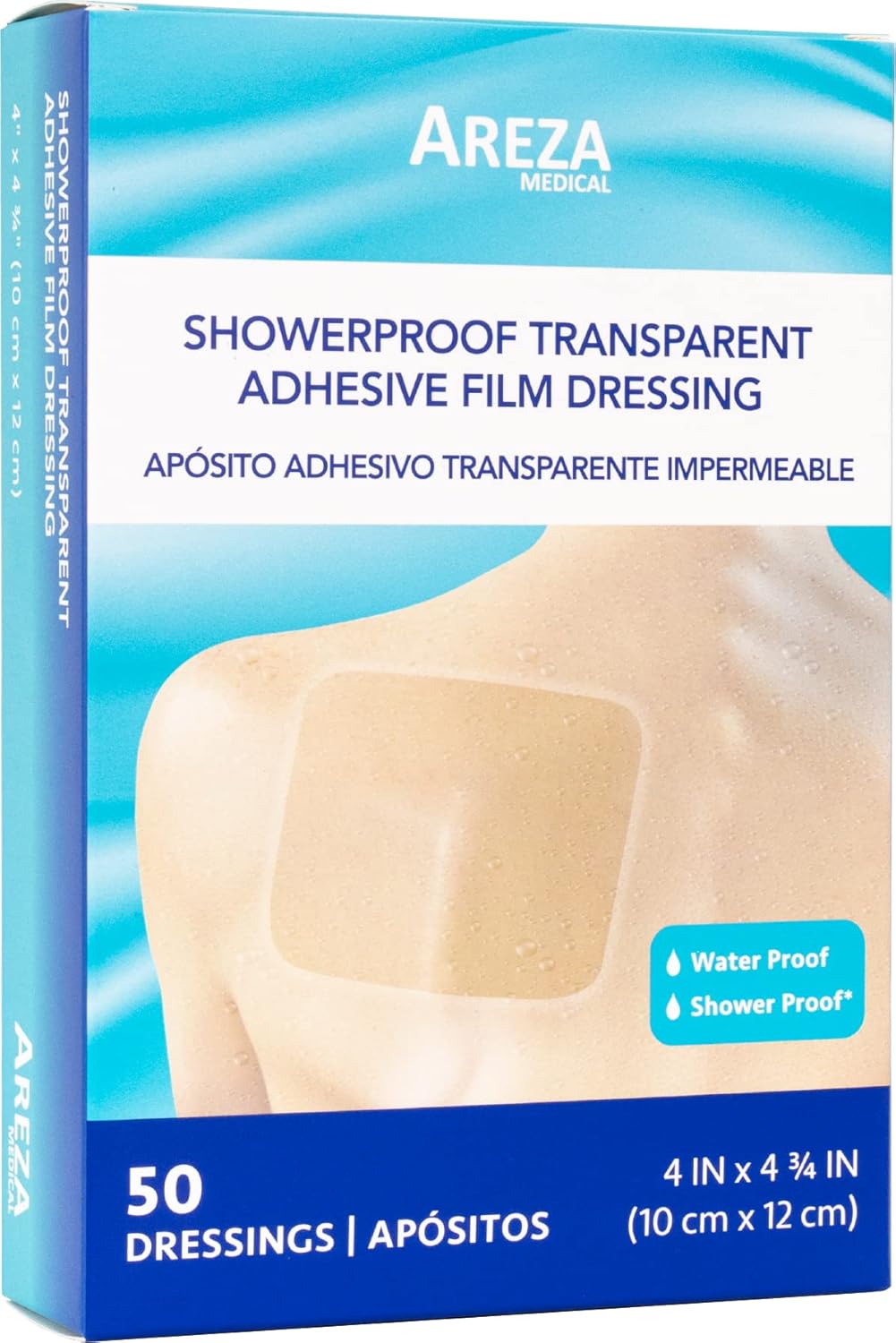 Areza Medical Showerproof Transparent Adhesive Film Dressing 4 inch x 4 inch 3/4" 50 Per Box - 50 Count (Pack of 1)