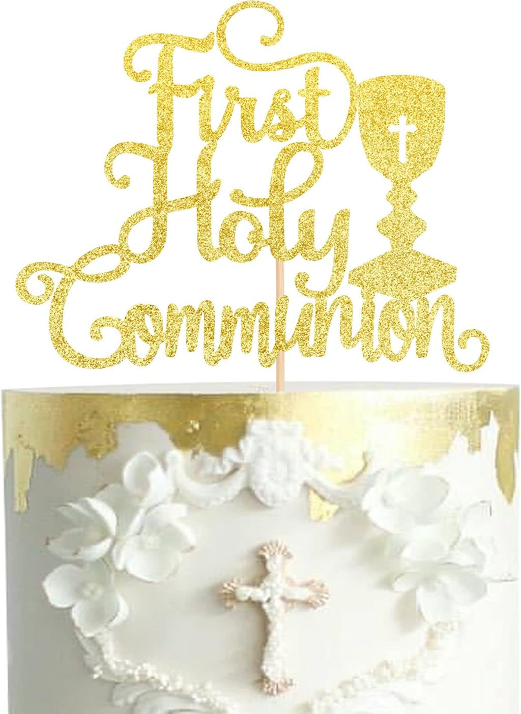 1 PCS First Holy Communion Cake Topper Glitter Christian Baby Baptism Cake Pick God Bless Cake Decorations for First Communion Theme Baby Shower Birthday Party Supplies Gold