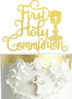 1 PCS First Holy Communion Cake Topper Glitter Christian Baby Baptism Cake Pick God Bless Cake Decorations for First Communion Theme Baby Shower Birthday Party Supplies Gold