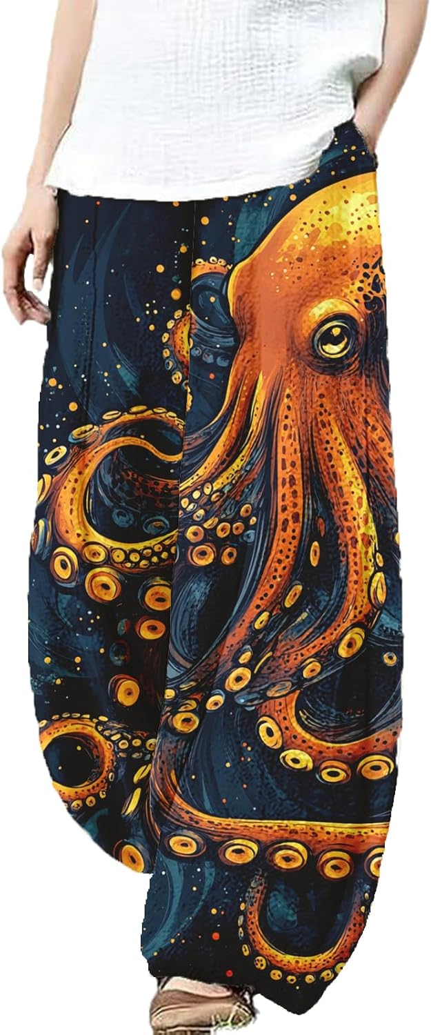 Wide Leg Octopus Pants for Women Summer Baggy Pants Japanese Art Printed Outfits Pants Elastic Waist Lantern Trouser