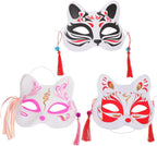 3pcs Japanese Hand-painted Cat and Fox Half Face Masks for Adults, Animal Cosplay Mask Set for Masquerade, Party, and Halloween Dress-up