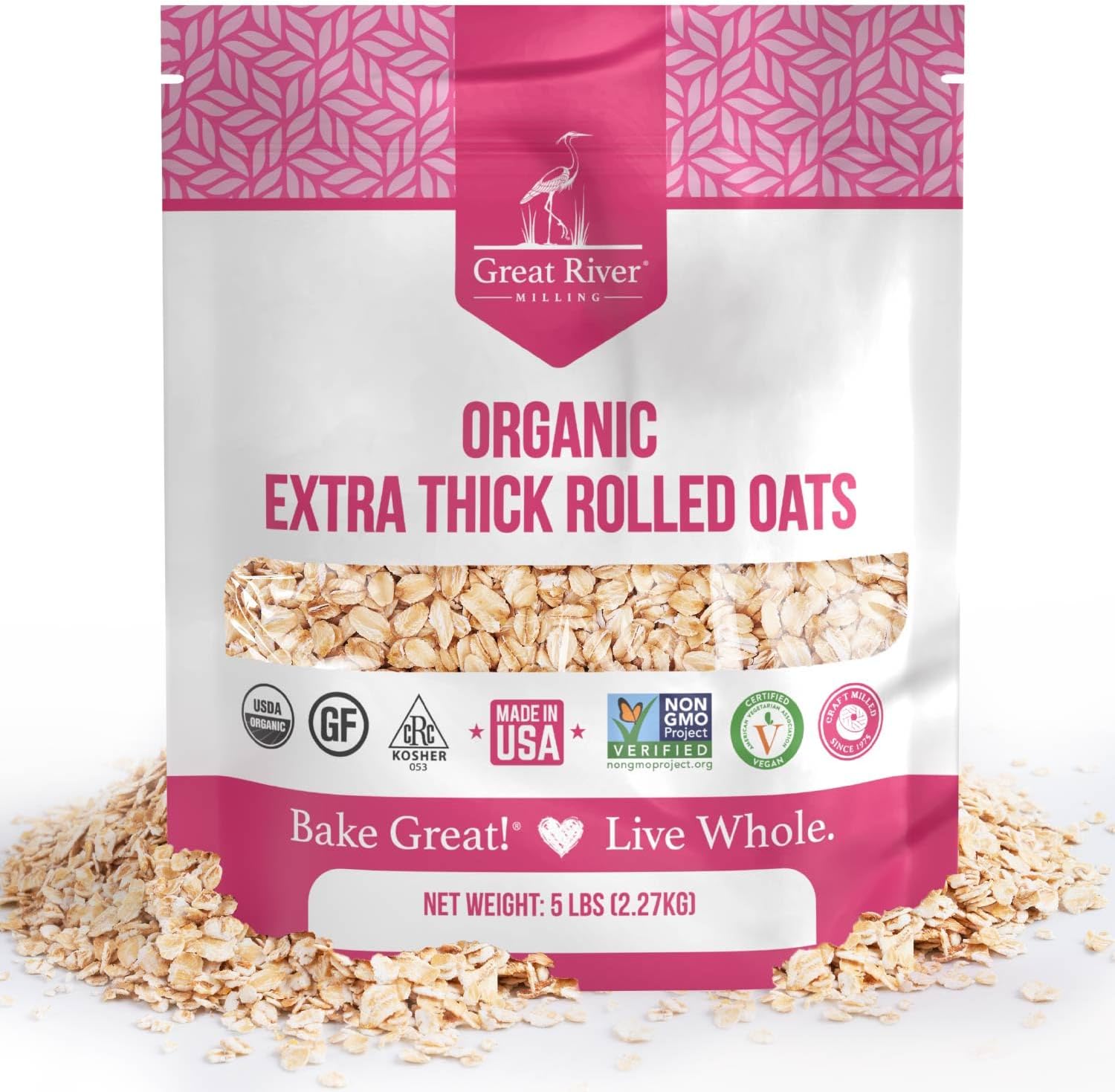 Great River Milling Organic Extra Thick Rolled Oats | Whole Grain, Gluten Free, Non-GMO, Kosher Certified | Hearty Texture for Oatmeal, Granola, Cookies, Baked Goods & Breakfast Recipes | 5 Lb