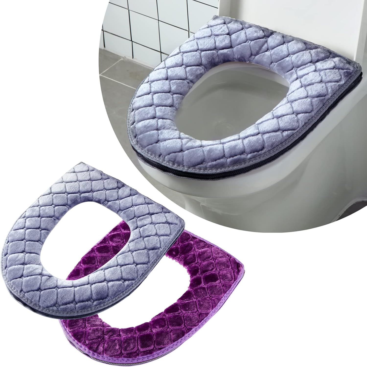 Tegeme Toilet Seat Covers for Bathroom 2 Pieces Toilet Seat Cushion Cover Soft Thicker Warmer Washable Warm Pad Fabric Fluffy with Zipper(Plush)