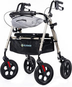 ELENKER All Terrain Rollator Walker with Seat for Seniors, Foldable Rolling Walker, with 10” Big Solid Wheels, Front Pouch, Cup Holder, Fully Adjustment Frame, Champagne