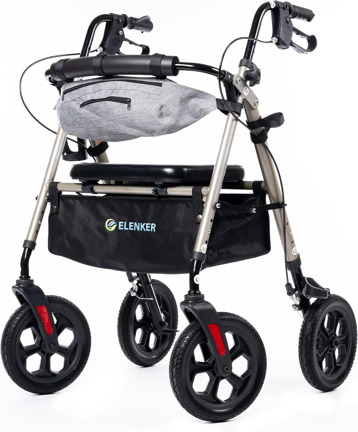 ELENKER All Terrain Rollator Walker with Seat for Seniors, Foldable Rolling Walker, with 10” Big Solid Wheels, Front Pouch, Cup Holder, Fully Adjustment Frame, Champagne