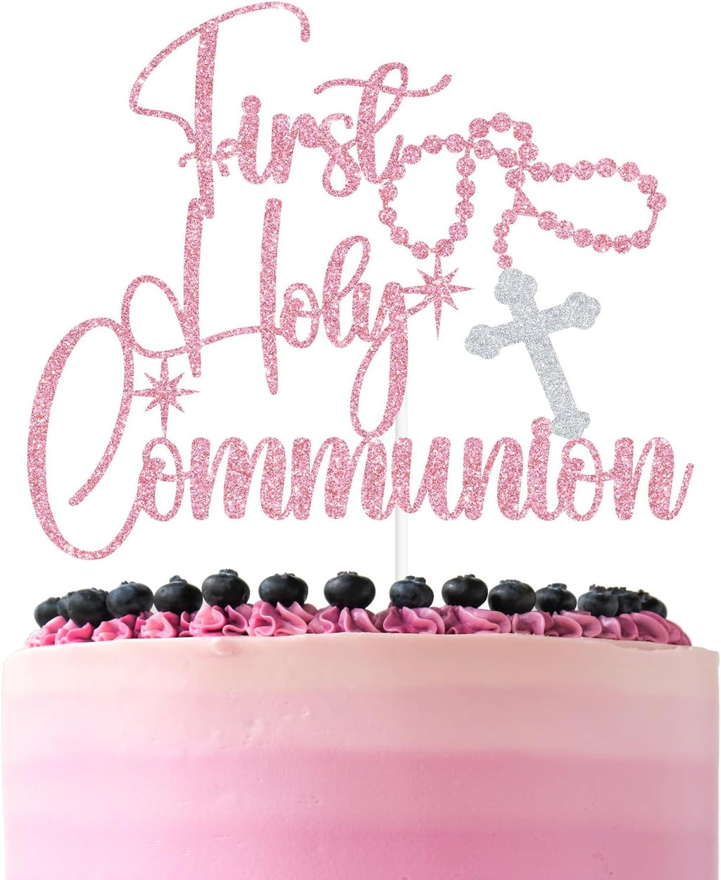 Pink Glitter First Holy Communion Cake Topper, Rosary Cross My Baptism Decor, Religious Christening Baptism Baby Shower Party Decorations Supplies