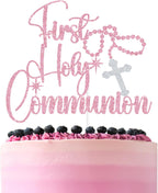Pink Glitter First Holy Communion Cake Topper, Rosary Cross My Baptism Decor, Religious Christening Baptism Baby Shower Party Decorations Supplies