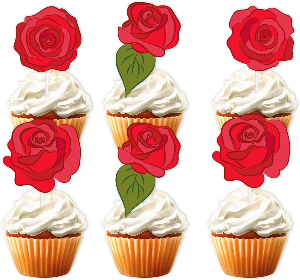 18pcs Red Rose Flower Dessert Cupcake Topper Valentine's Day Wedding Anniversary Bridal Shower Theme Decor Supplies Women Girl Happy Birthday Party Decorations