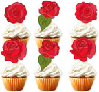 18pcs Red Rose Flower Dessert Cupcake Topper Valentine's Day Wedding Anniversary Bridal Shower Theme Decor Supplies Women Girl Happy Birthday Party Decorations