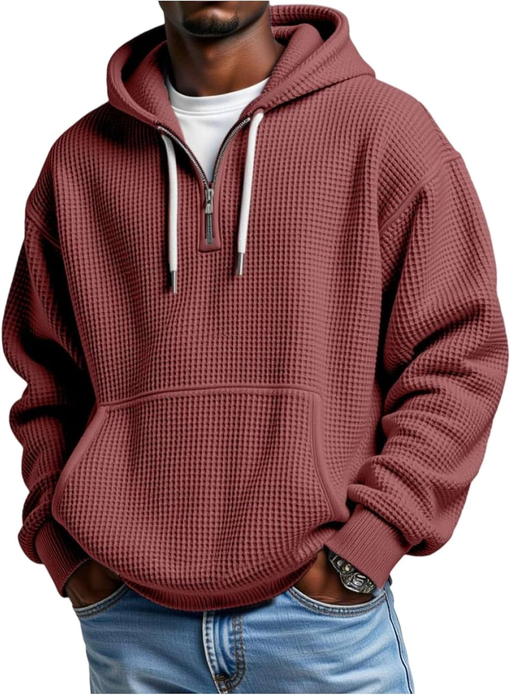 Mens Hoodies Pullover Casual Long Sleeve Drawstring Waffle Knit Hooded Sweatshirt With Pocket S-5Xl