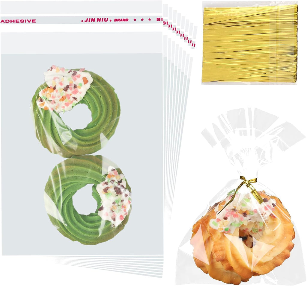 200Pcs Cookie Bags 5x8 Inches Self Sealing Cellophane Bags Plastic Resealable Clear Cookie Bags with Twist Ties for Cookies Packaging Candy Treat Party Favors Bag