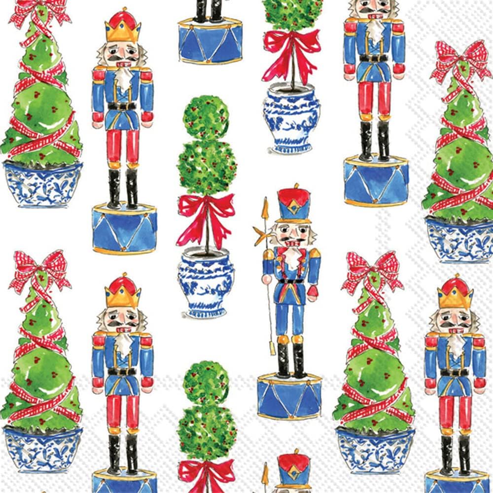 IHR Ideal Home Range Party Napkins Rosanne Beck Holiday Collection Disposable 3-Ply Paper Lunch Napkin Pack, 6.5" x 6.5", Nutcrackers & Topiary, 20-Count