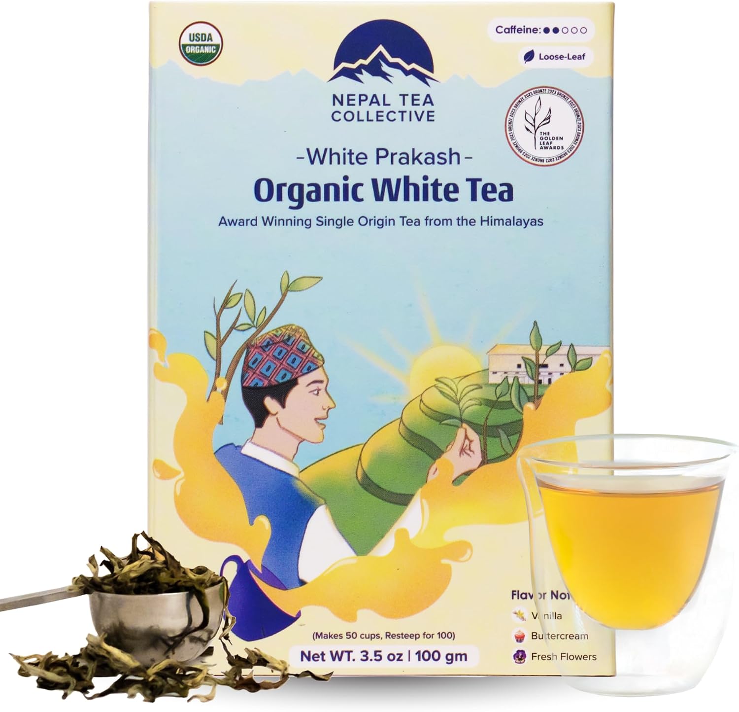 NEPAL TEA Organic White Tea Loose Leaf - USDA Certified Organic from a Family Farm in the Himalayas - Award-Winning Premium Tea Leaves to Enjoy Hot or Cold – 3.5oz /100g (White Prakash)
