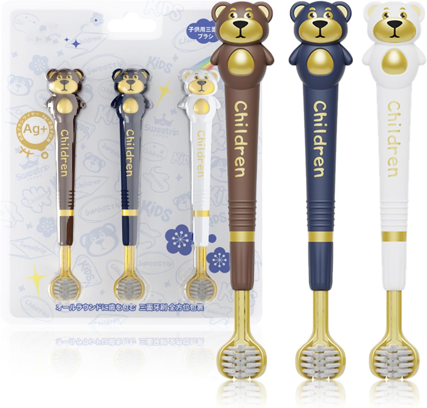 3 Sided Toothbrush for Kids, Japanese Design Triple-Angle Toothhugger, Cartoon Bear Design for Autism Toddlers, Kids Toothbrush for Aged 3-12, Soft Bristles for Gentle Gum Care (3Pack)