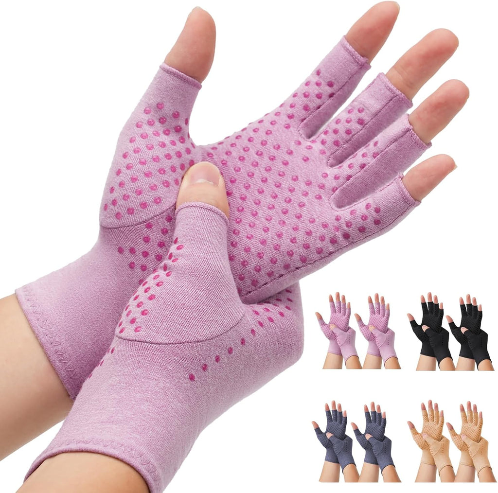 DRNAIETY 2-Pair Arthritis Compression Gloves- for Hand Arthritis, Carpal Tunnel Pain, Rheumatoid Arthritis, RSI, Fingerless, Anti-Slip, Breathable Gloves for Men & Women, Typing, Daily Use(L Purple)
