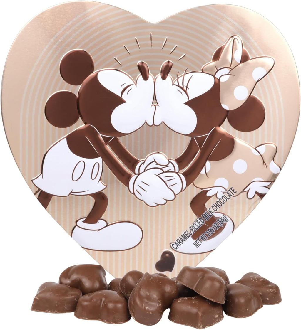 Nostalgic Mickey and Minnie Heart Tin, Caramel Filled Milk Chocolates Inside, Individually Wrapped Pieces, Valentine's Day Candy Gift Box, 2.96 Ounces