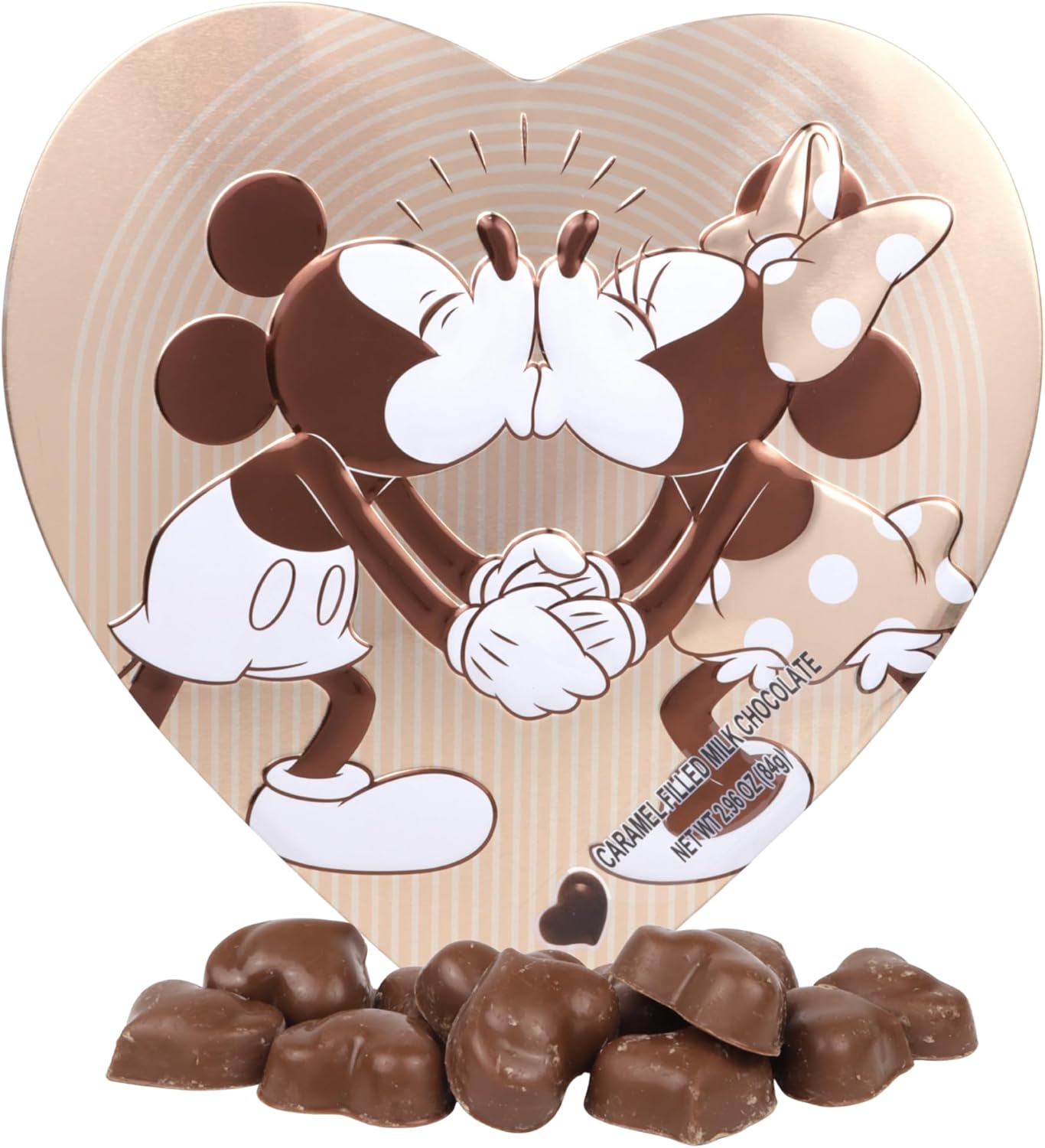 Nostalgic Mickey and Minnie Heart Tin, Caramel Filled Milk Chocolates Inside, Individually Wrapped Pieces, Valentine's Day Candy Gift Box, 2.96 Ounces