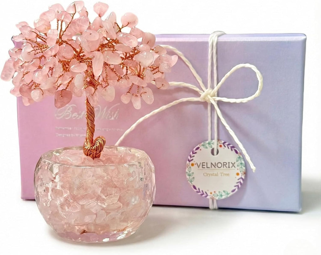 Rose Quartz Crystal Tree of Life - Natural Gemstone Feng Shui Bonsai - Healing Crystals Decor for Home Office, Attract Love & Relationships - Spiritual Gifts for Women (Pink)