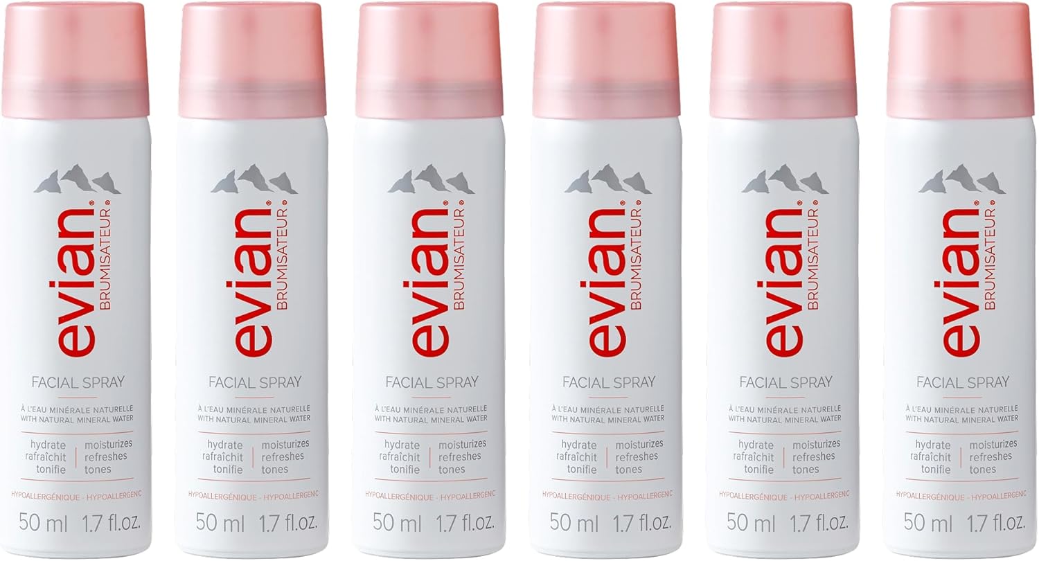 Evian Facial Spray 1.7 oz - Hydrating Mineral Water Mist for Face & Skin - Refreshes Makeup and Tones Skin - TSA-Approved Mini Facial Spray Set for Daily Skincare Hydration
