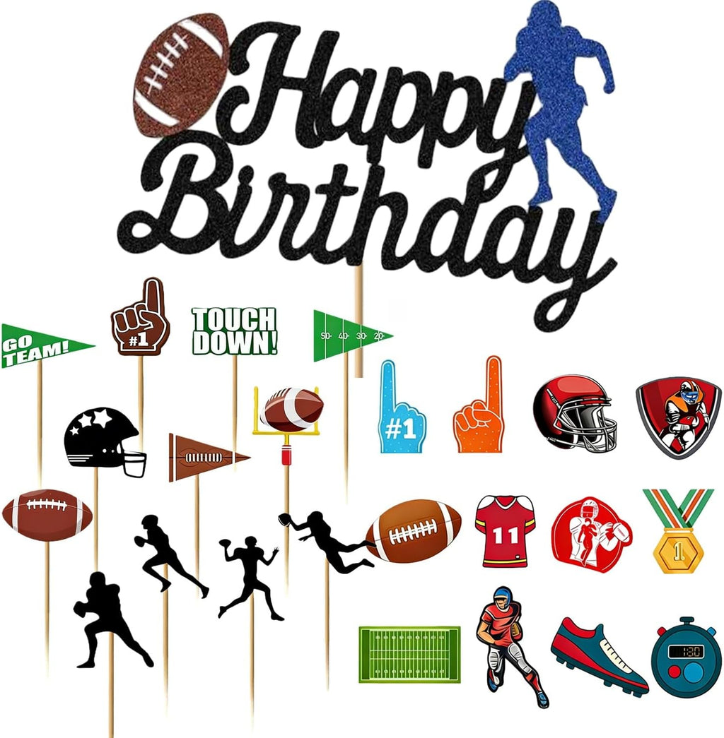 25 Pcs Football Party Decorations: 24 Pcs Football Cupcake Toppers | 1 Pcs Happy Birthday Cake Topper, Touchdown Cake Toppers, Football Party Supplies for Birthday Football Game Day