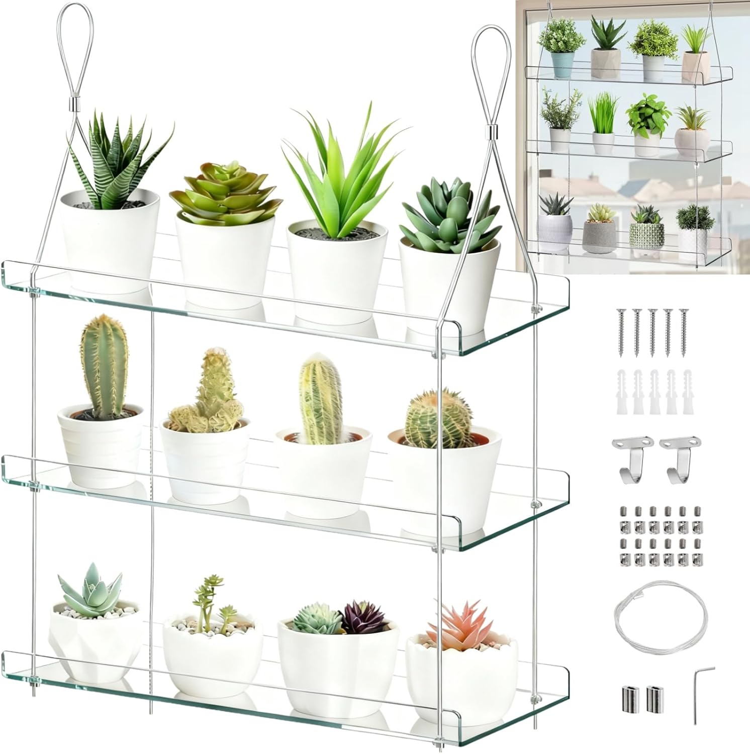 Tlence 3-Tier Hanging Clear Plant Shelves, Acrylic Window Flower Display Shelf, Height Adjustable Indoor Wall Plant Stand, Succulents Pot Organizer Storage for Herbs Microgreens Seedling Growth