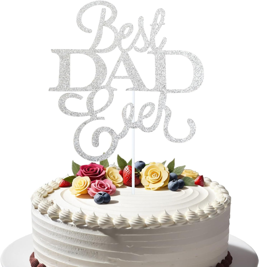 1 Pack Happy Father’s Day Cake Toppers, Glitter Cake Bunting Decor Best Dad Ever Love Father Cake Picks Party Decorations Supplies(Best DAD Ever, Silver)