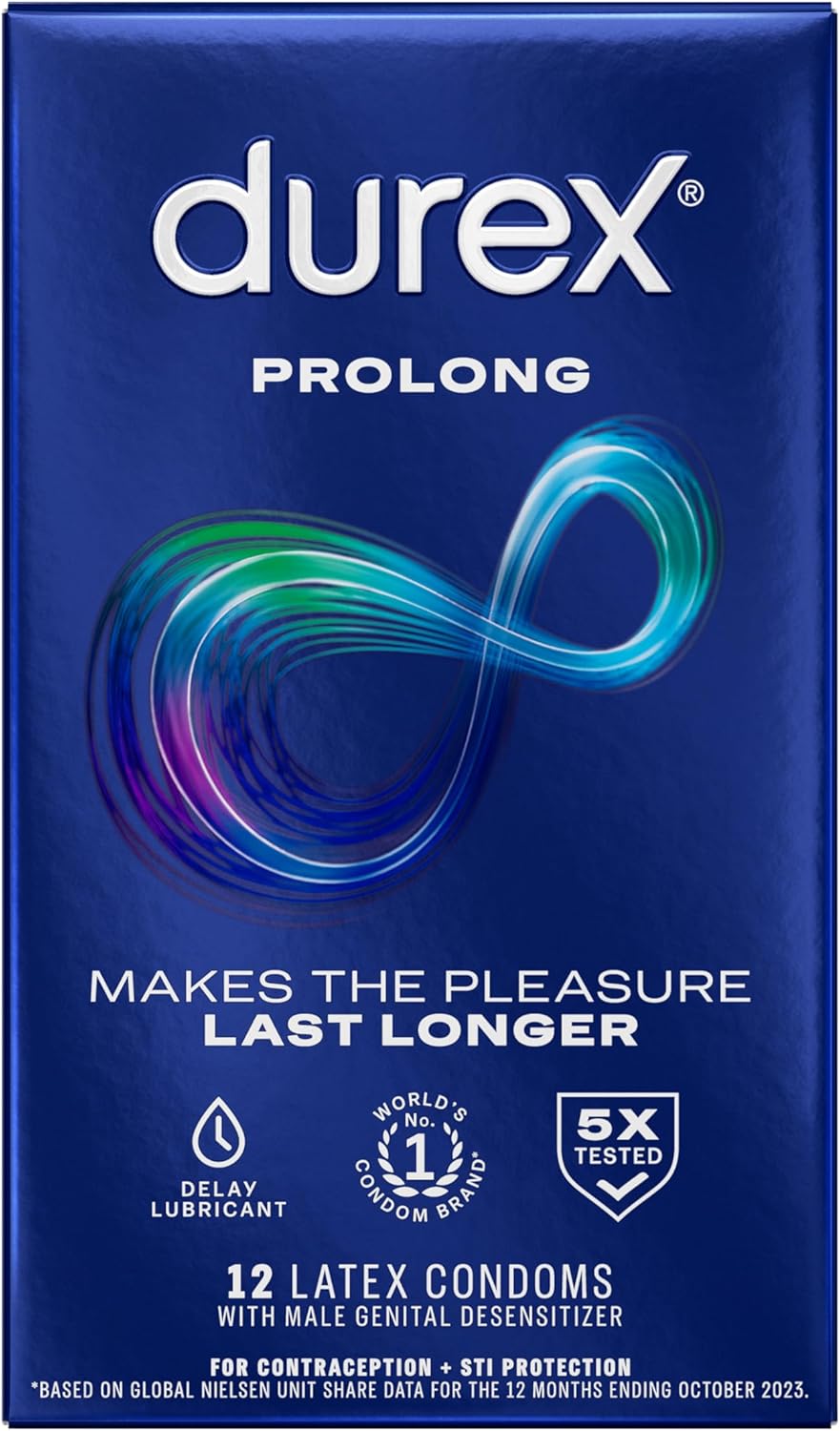 Durex Prolong Condoms with Delay Lubricant, Ribbed & Dotted Condoms for Men, 12 count